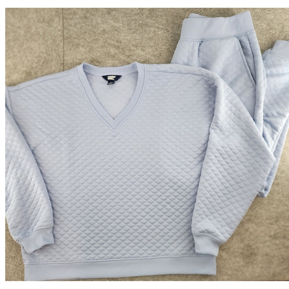 Lands End Light Blue Quilted V-Neck Sweatshirt and Joggers Set Large Womens